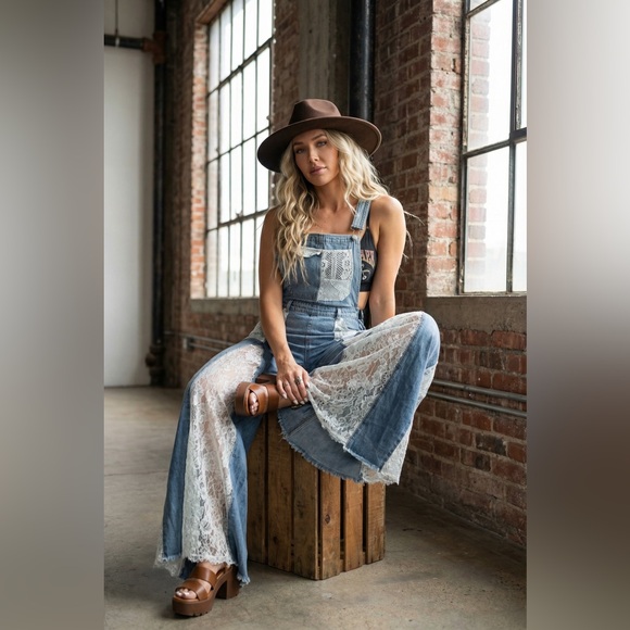 None Denim - NWT Ultra Wide Leg Flare Lace Panel Patchwork Denim Jean Overalls Jumpsuit